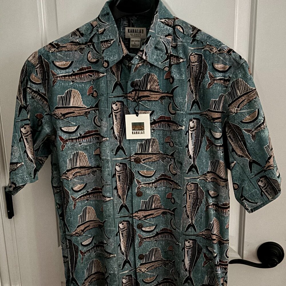 Kahala Avi Kiriaty L Fish Print Green & Tan Aloha Shirt NWT